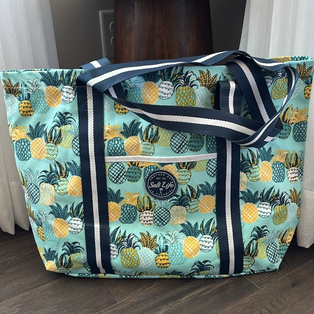 Salt Life Pineapple Paradise Cotton Canvas Beach Tote Bag, Aruba Blue